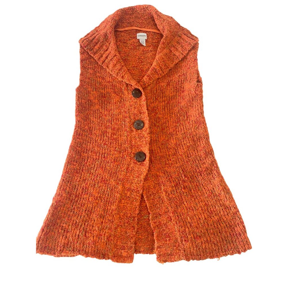 Chico's Crochet Long Sweater Cardigan Vest W's M Wool Blend Orange Fall Chunky - Picture 3 of 12